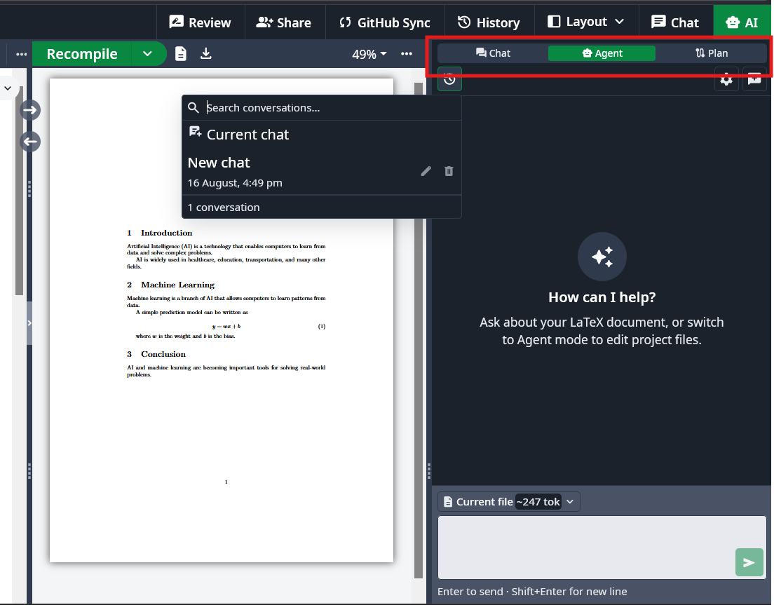 انتخاب حالت‌های Chat، Agent و Plan در دستیار هوش مصنوعی EasyTeX